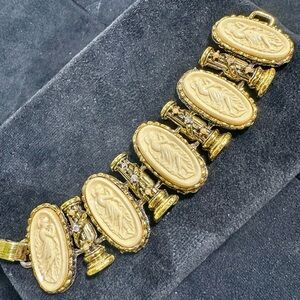Vtg: Standing Cameo Figural Panel Bracelet Accented by AB’s & Faux Pearl